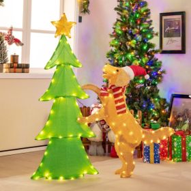 4FT Lighted Tinsel Xmas Tree with Plush Goldendoodle Dog