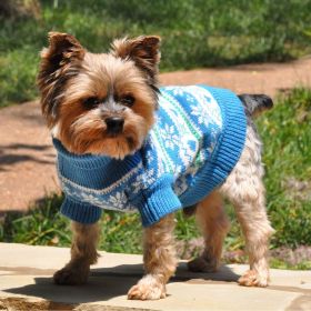 Combed Cotton Cable Knit Dog Sweater - Holiday Collection (Color/Design: Snowflakes and Hearts Blue)